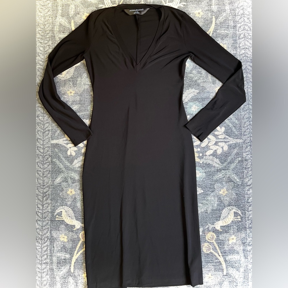 Norma Kamali black stretch long sleeve deep v neck dress